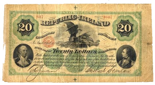 The National Bond for the Republic of Ireland' $100, vignettes of Commodore John Barry and Richard Montgomery, signed by O'Sullivan & Scanlan. The Old Currency Exchange, Dublin, Ireland.
