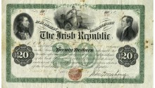 1866 The Irish Republic, Bond Certificate, Twenty Dollars, January 1866, no 842-159, issued, signature of J. O’Mahony. The Old Currency Exchange, Dublin, Ireland.