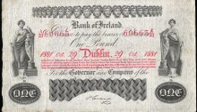 Bank of Ireland, Eleventh Issue, Type 2g, One Pound, dated 29 October 1881. The Old Currency Exchange, Dublin, Ireland.