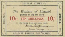 Extremely rare Limerick Soviet Ten Shillings Note. Printed in Black & Red inks, on Cream paper. Signed by John Cronin (Chairman) and James Casey (Treasurer). Not numbered / likely not issued. The Old Currency Exchange, Dublin, Ireland.