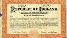 1920 (21 January) $50 Republic of Ireland Bond issued by Eamon de Valera. The Old Currency Exchange, Dublin, Ireland.