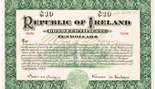 1920 (21 January) Republic of Ireland - Ten Dollars Bond issued by Eamon de Valera. The Old Currency Exchange, Dublin, Ireland.