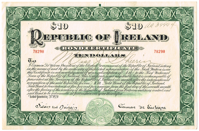 1920 (21 January) Republic of Ireland - Ten Dollars Bond issued by Eamon de Valera. The Old Currency Exchange, Dublin, Ireland.