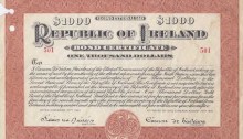 1921 (15 November) $1000 Republic of Ireland Bond No 501 signed by Eamon de Valera. The Old Currency Exchange, Dublin, Ireland.