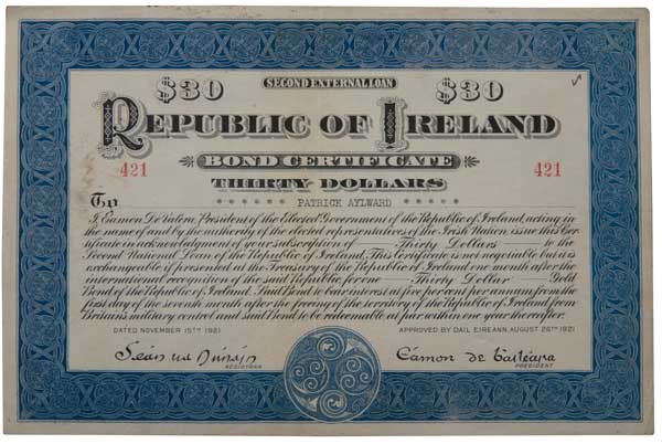 1921 (15 November) $30 Republic of Ireland Bond No 421 signed by Eamon de Valera. The Old Currency Exchange, Dublin, Ireland.