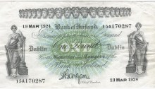 1924 Bank of Ireland, One Pound Note (Seventeenth Issue), Type 1b. Serial Number: 15A170287 (in black). Signed by: Joseph A. Gargan, Chief Cashier. The Old Currency Exchange, Dublin, Ireland.