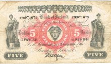 A Bank of Ireland (Seventeenth Issue), Five Pound Note, Type 1c (In-line prefix), Signature: Joseph A. Gargan, Chief Cashier. The Old Currency Exchange, Dublin, Ireland.