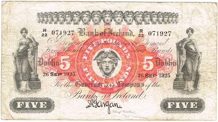 Bank of Ireland (Seventeenth Issue), Five Pound Note, Type 1d (Larger fractional prefix), Signature: Joseph A. Gargan, Chief Cashier. Date: 26-SEP-1925. The Old Currency Exchange, Dublin, Ireland.