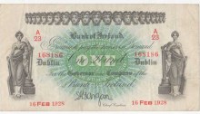 1928 Bank of Ireland. Dublin. One Pound. 16-FEB-1928 A23-168186, BH-1B, signed by Gargan. Good fine. The Old Currency Exchange, Dublin, Ireland.