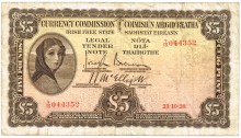 Currency Commission of the Irish Free State, Five Pounds brown, Type 1a (Fractional prefix). Signed by: Joseph Brennan / James J. McElligott. The Old Currency Exchange, Dublin, Ireland.