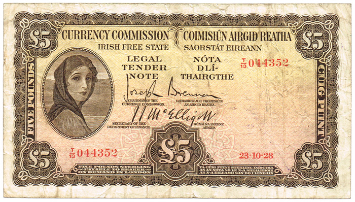 1928 Currency Commission of Ireland £5, dated 23rd October 1928. Signed by Joseph Brennan & J.J. McElligott. The Old Currency Exchange, Dublin, Ireland.