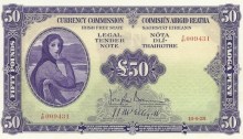A Currency Commission of the Irish Free State, Fifty Pounds, Type 1a (Fractional prefix). Signed by: Joseph Brennan / James J. McElligott. The Old Currency Exchange, Dublin, Ireland.