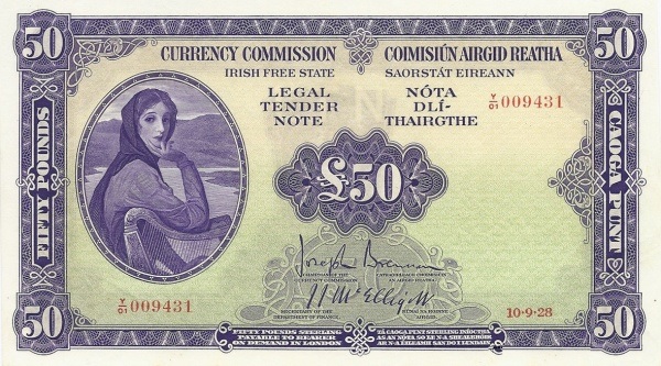 A Currency Commission of the Irish Free State, Fifty Pounds, Type 1a (Fractional prefix). Signed by: Joseph Brennan / James J. McElligott. The Old Currency Exchange, Dublin, Ireland.