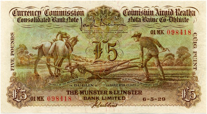 A Munster & Leinster Bank, Five Pounds (ploughman) note, dated 6th May 1929, signed by J. Brennan & J.L. Gubbins. The Old Currency Exchange, Dublin, Ireland.