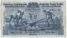 1929 Munster & Leinster Bank Ltd, Ten Pounds, 6 May 1929, 01MT 032766, Brennan-Gubbins signatures. The Old Currency Exchange, Dublin, Ireland.