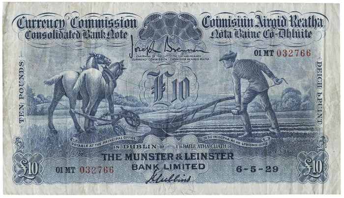 1929 Munster & Leinster Bank Ltd, Ten Pounds, 6 May 1929, 01MT 032766, Brennan-Gubbins signatures. The Old Currency Exchange, Dublin, Ireland.