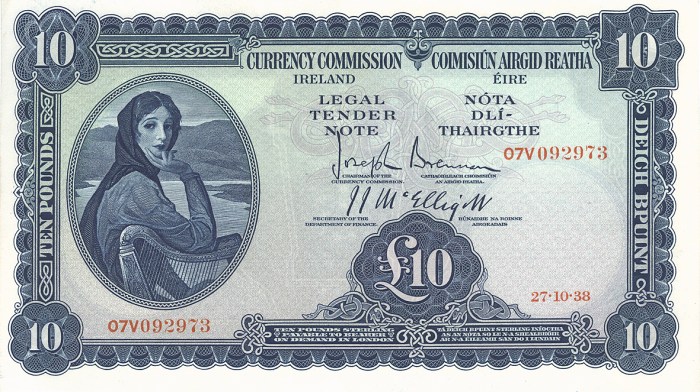 1938 Currency Commission Ireland, Ten Pounds, dated 27th October 1938, S/N: 07V 092973, Brennan-McElligott signatures. The Old Currency Exchange, Dublin, Ireland.