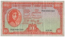 1939 Currency Commission Ireland, Ten Shillings, dated 4th November 1939, serial number 75E 090760, Brennan-McElligott signatures. The Old Currency Exchange, Dublin, Ireland.