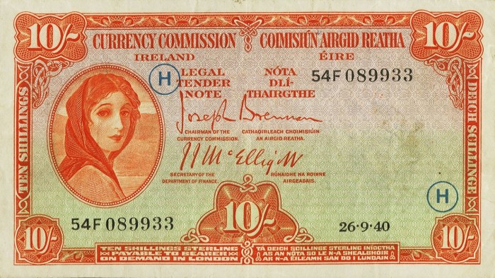 A Currency Commission Ireland, Ten Shillings, Type 3a (War Codes added). Signed by Joseph Brennan / James J. McElligott. War Code = H (in blue ink). The Old Currency Exchange, Dublin, Ireland