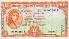 Currency Commission of the Irish Free State, Ten Shillings, Type 3b (War Codes added). Signed by Joseph Brennan / James J. McElligott. War Code = K (in green ink). Dated 5th December 1940 - not listed by Blake & Callaway. The Old Currency Exchange, Dublin, Ireland.
