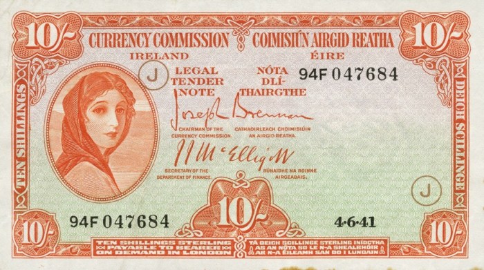 Currency Commission of the Irish Free State, Ten Shillings, Type 3c (War Codes added). Signed by Joseph Brennan / James J. McElligott. War Code = J (in brown ink). Dated 4th June 1941 - not listed by Blake & Callaway. The Old Currency Exchange, Dublin, Ireland.
