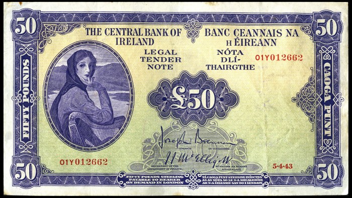 1943 £50 Central Bank of Ireland, 5 April 1943, Brennan-McElligott signatures. The Old Currency Exchange, Dublin, Ireland.