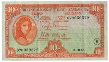Central Bank of Ireland, Ten Shillings, Type 3f (War Codes added). Signed by Joseph Brennan / James J. McElligott. War Code = R (in grey / black ink). The Old Currency Exchange, Dublin, Ireland.