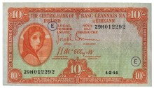 Central Bank of Ireland, Ten Shillings, Type 3g (War Codes added). Signed by Joseph Brennan / James J. McElligott. War Code = E (in purple ink) and dated 4th February 1944. The Old Currency Exchange, Dublin, Ireland.