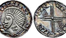 Hiberno-Norse, Phase III, Class E silver penny (Plain bust with symbol - cross on neck). Two hands on reverse. The Old Currency Exchange, Dublin, Ireland.