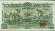£100 ploughman, Bank of Ireland, One Hundred Pounds, specimen 1978 obverse. The Old Currency Exchange, Dublin, Ireland.
