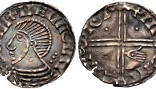 Hiberno-Norse Phase III, Class E, Plain bust, symbol on Neck (one pellet), Type 5a - three pellets behind head, Long Cross, 3 pellets + 1 stigmata hand. The Old Currency Exchange, Dublin, Ireland.