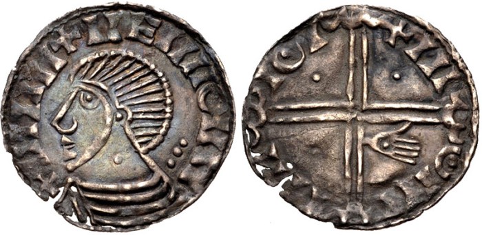Hiberno-Norse Phase III, Class E, Plain bust, symbol on Neck (one pellet), Type 5a - three pellets behind head, Long Cross, 3 pellets + 1 stigmata hand. The Old Currency Exchange, Dublin, Ireland.
