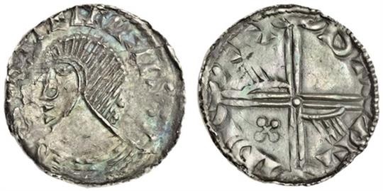 Hiberno-Norse Silver Penny, Phase III, Class A (Plain Head), Type 1h (Long cross, hand in two angles, cross pommée in one angle). The Old Currency Exchange, Dublin, Ireland.