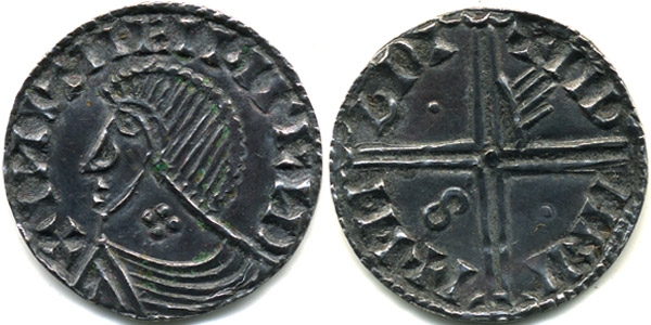 Hiberno-Norse silver penny, Phase III, Class E – Bust with Symbol(s), Type 1b - Quatrefoil on Neck, Long Cross with one hand, two pellets and S. The Old Currency Exchange, Dublin, Ireland.