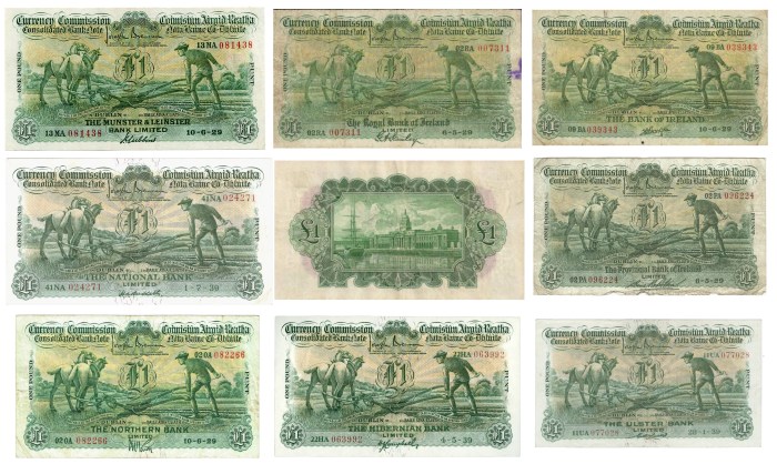 One Pound Ploughman Notes - Set of 8 Consolidated Banks + Reverse Design (in centre). The Old Currency Exchange, Dublin, Ireland.
