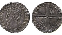 Hiberno-Norse Silver Penny, Phase III, Class A (Plain bust), Type 1b (Long Cross with two hands/pellets for thumbs). Echmarcach Mac Ragnaill. The Old Currency Exchange, Dublin, Ireland
