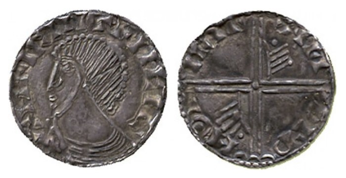 Hiberno-Norse Silver Penny, Phase III, Class A (Plain bust), Type 1b (Long Cross with two hands/pellets for thumbs). Echmarcach Mac Ragnaill. The Old Currency Exchange, Dublin, Ireland