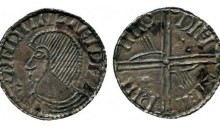 An Hiberno-Norse silver penny, Phase III, Class A (Plain bust), Type 1f (two hands + one large pellet + one small pellet on reverse). The Old Currency Exchange, Dublin, Ireland.