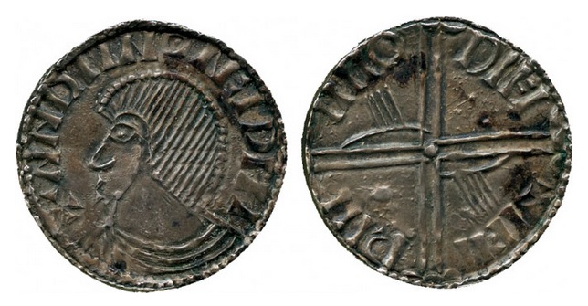 An Hiberno-Norse silver penny, Phase III, Class A (Plain bust), Type 1f (two hands + one large pellet + one small pellet on reverse). The Old Currency Exchange, Dublin, Ireland.