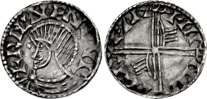 An Hiberno-Norse silver penny, Phase III, Class E (Bust with Symbols), Type 1a (Pellet before Face), with 2 stylised hands on reverse. The Old Currency Exchange, Dublin, Ireland.