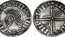 An Hiberno-Norse silver penny, Phase III, Class E (Bust with Symbols), Type 3d (Three Pellets behind Head). Long Cross with two hands on reverse. The Old Currency Exchange, Dublin, Ireland.