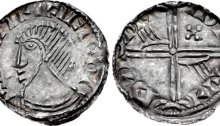 Hiberno-Norse penny, Phase III, Class A (Plain bust), Type 1g - Long Cross, with two hands + quatrefoil. Echmarcach mac Ragnaill. The Old Currency Exchange, Dublin, Ireland.