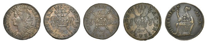 James II Gunmoney & Limerick Halfpenny. The Old Currency Exchange, Dublin, Ireland.