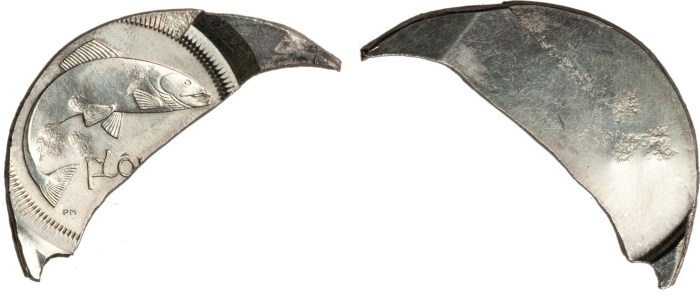 Irish Florin (undated) 1928-43, struck on large silver fragment. A spectacular minting error. The Old Currency Exchange, Dublin, Ireland.