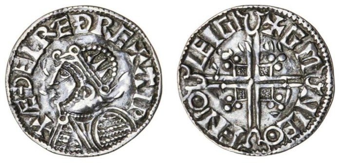 Hiberno-Norse Phase 1, Class C – Helmet Type) Silver Penny 1.16g Aethelred II + æÐelræÐ rex aip, Chester, Gunleof + gm nleo fn°o leigi. The Old Currency Exchange, Dublin, Ireland.