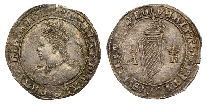 Ireland, Mary, 1553 Silver Shilling (M D LIII) in Roman numerals on the reverse. Crowned bust left, legend with inner and outer beaded circles surrounding, mint mark lis after Queen's name, double annulet stops. The Old Currency Exchange, Dublin, Ireland.