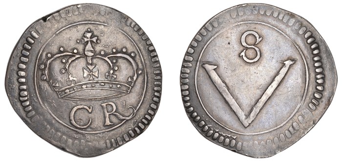 Ormonde Money, Crown, no stop between c-r, 28.17g/12h (cf. S 6544; cf. DF 288; cf. KM. 64). The Old Currency Exchange, Dublin, Ireland.