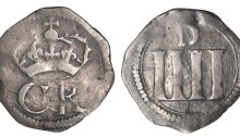 Ormonde Money, Groat, pellet between CR, tall letters, large D on rev., 1.53g/3h (S 6548; DF 305; KM. 58). Good fine. The Old Currency Exchange, Dublin, Ireland.