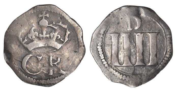 Ormonde Money, Groat, pellet between CR, tall letters, large D on rev., 1.53g/3h (S 6548; DF 305; KM. 58). Good fine. The Old Currency Exchange, Dublin, Ireland.