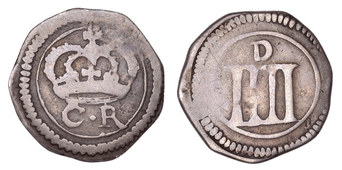 Ormonde Money, Groat, small lozenge between CR and small letters on obv., tall mark of value and medium d on rev., 1.66g/2h (S 6548; DF 305; KM. 58). Good fine. The Old Currency Exchange, Dublin, Ireland.